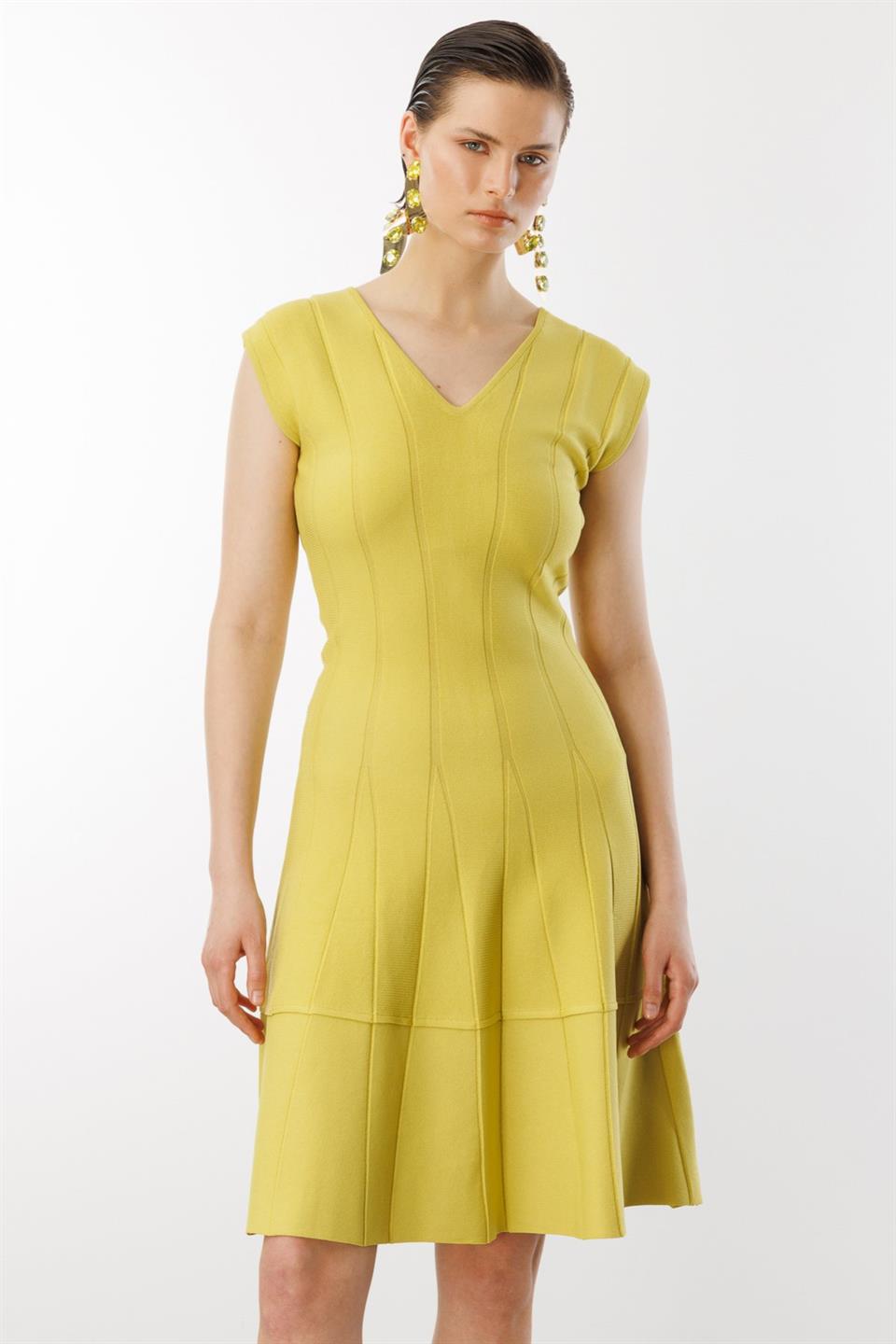 V-Neck Self-Striped Dress PISTACHI