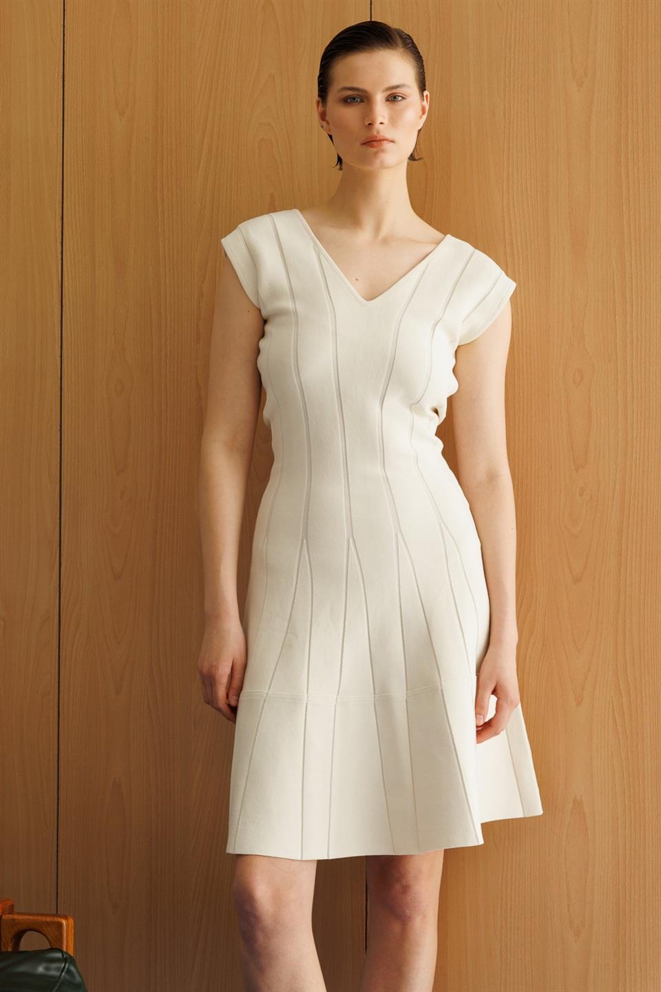 V-Neck Self-Striped Dress CREAM