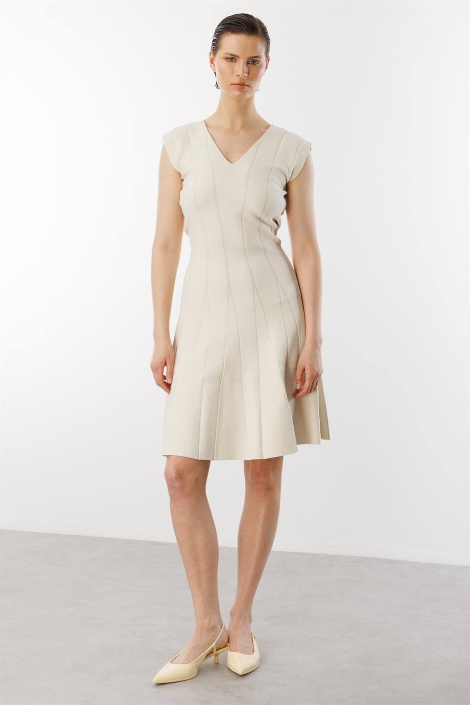 V-Neck Self-Striped Dress CREAM