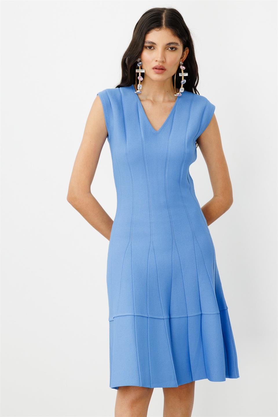 V-Neck Self-Striped Dress BLUE