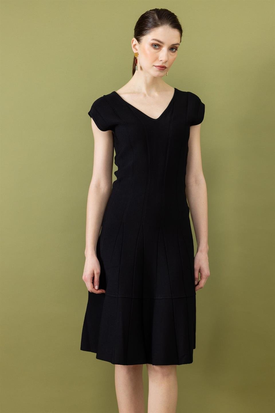 V-Neck Self-Striped Dress BLACK