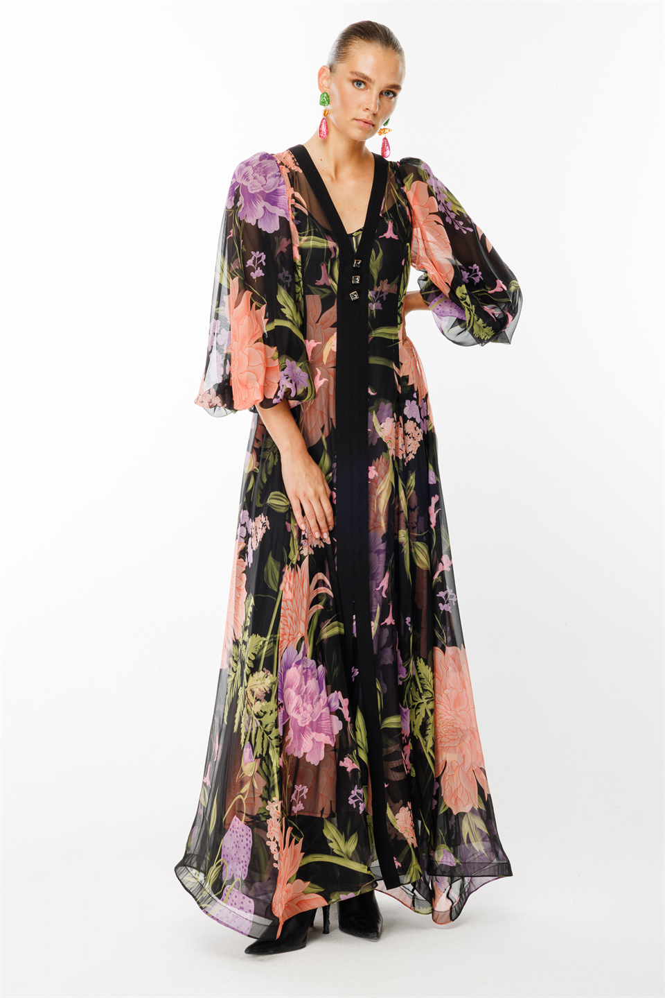 V-Neck Chiffon Dress BLACK