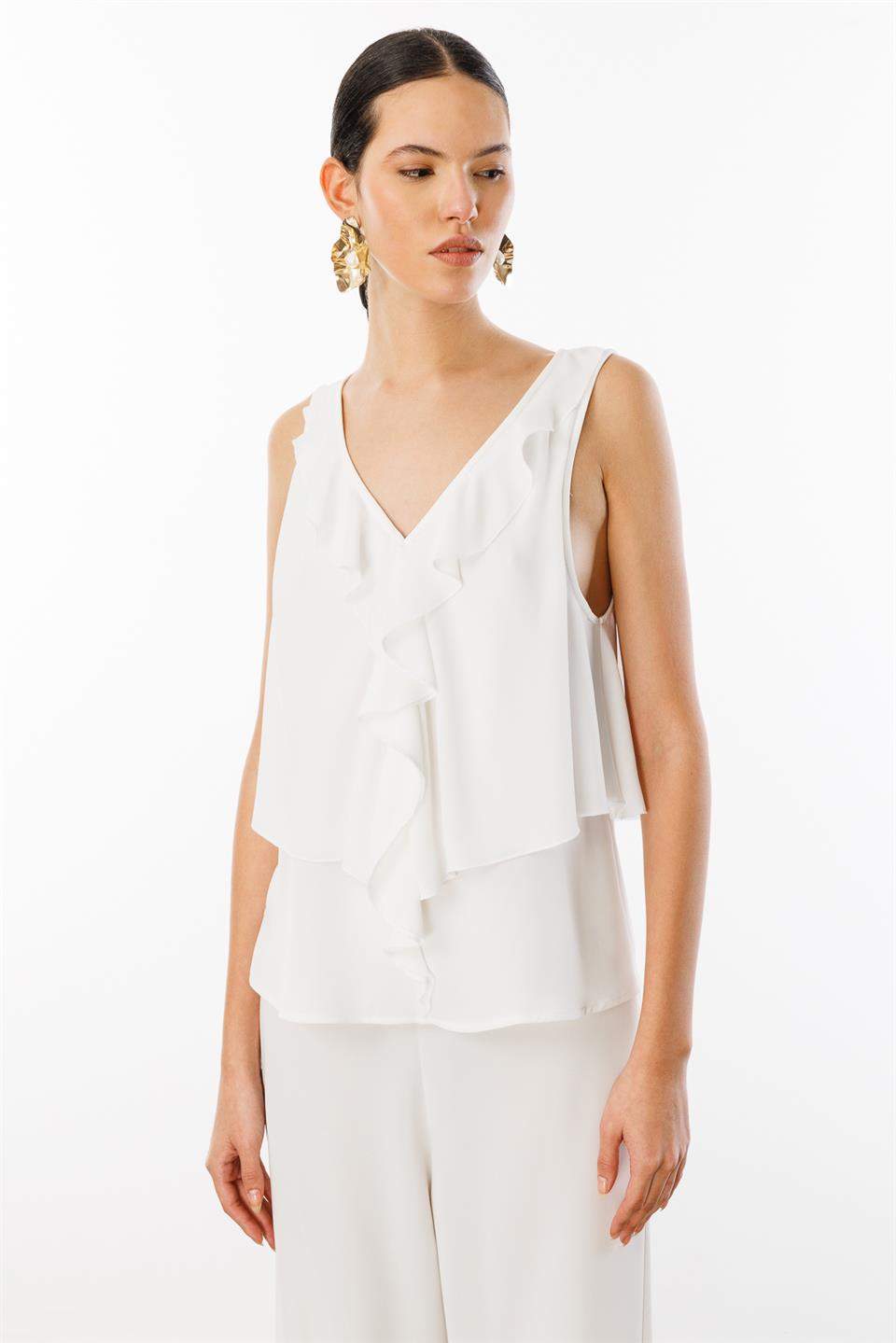 V Yaka Sırt Dekolteli Volanlı Bluz BEYAZ