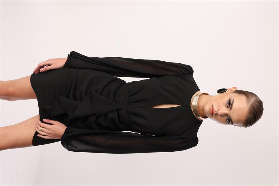 Volan Detaylı Uzun Kollu Mini Elbise SİYAH