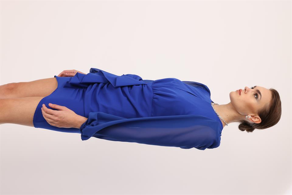 Volan Detaylı Uzun Kollu Mini Elbise SAKS