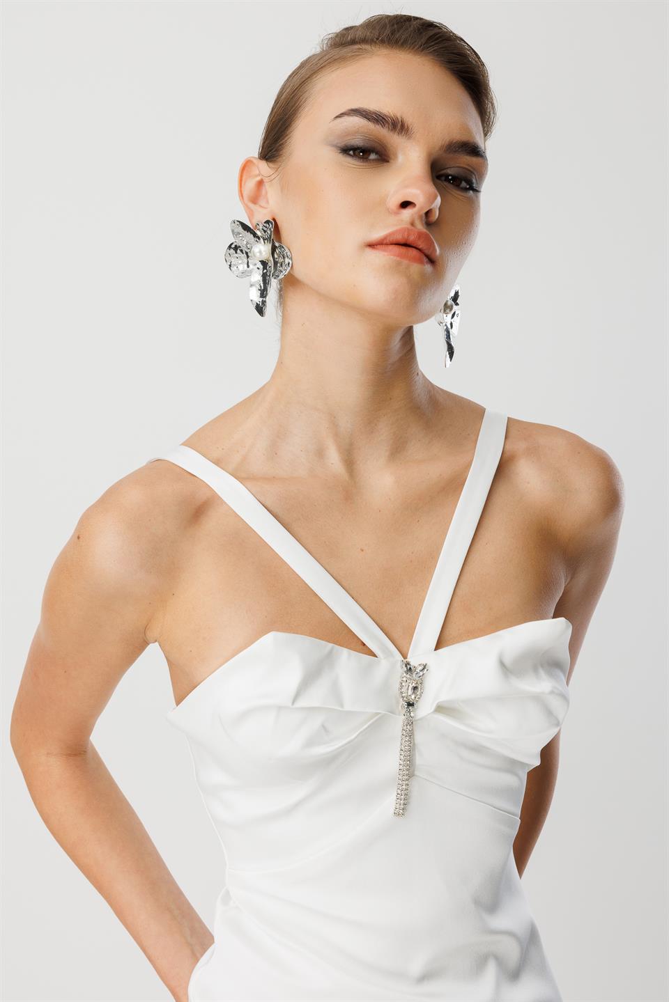 Yaka Askı Detay Mini Elbise EKRU