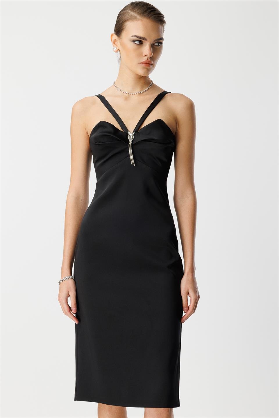 Yaka Askı Detay Mini Elbise SİYAH
