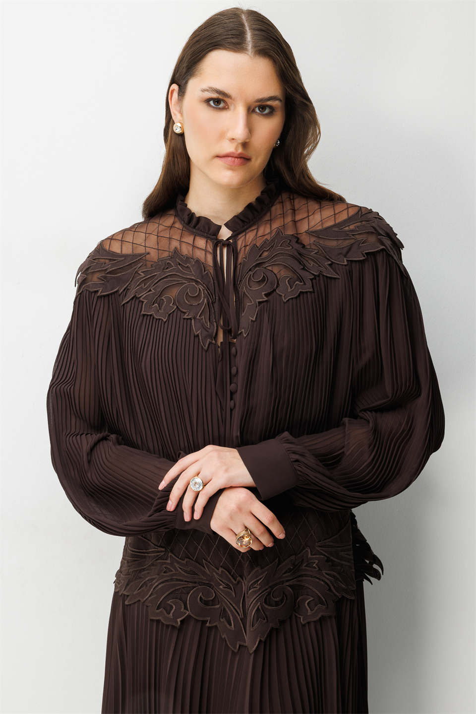 Yaka Bel Dantel İşleme Detay Maxi Boy Elbise KAHVERENGİ