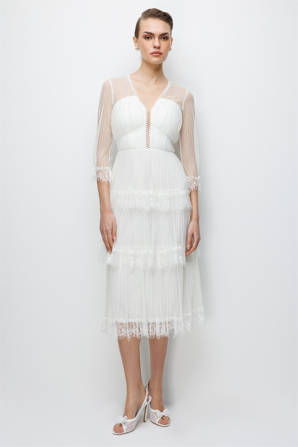Yaka Birit Detaylı Tül Etek Elbise EKRU