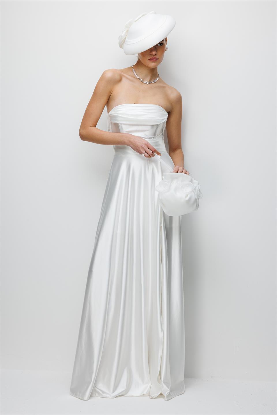 Yaka Drape Detaylı Saten Abiye EKRU