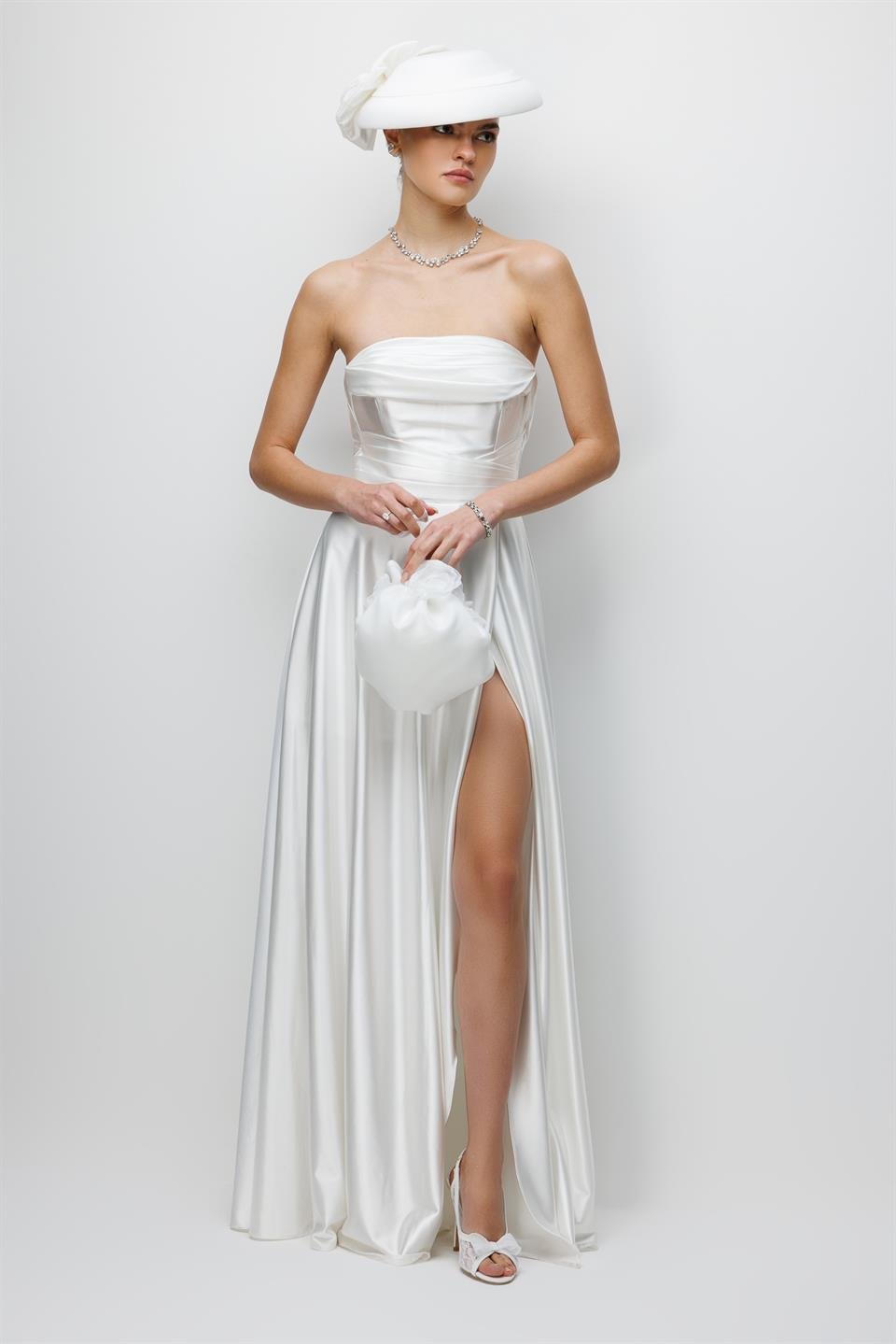 Yaka Drape Detaylı Saten Abiye EKRU