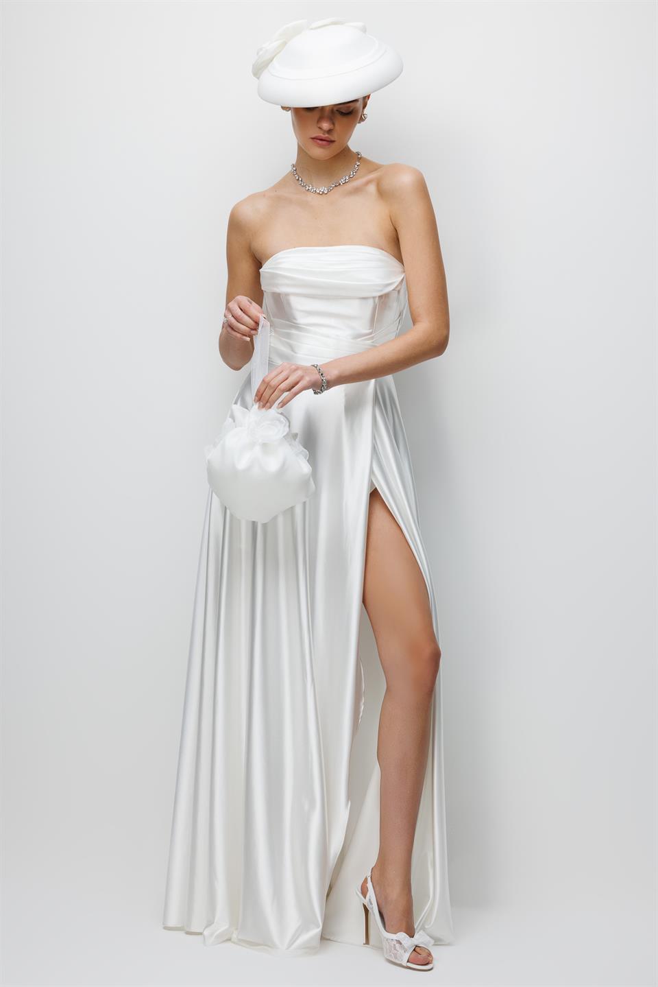 Yaka Drape Detaylı Saten Abiye EKRU