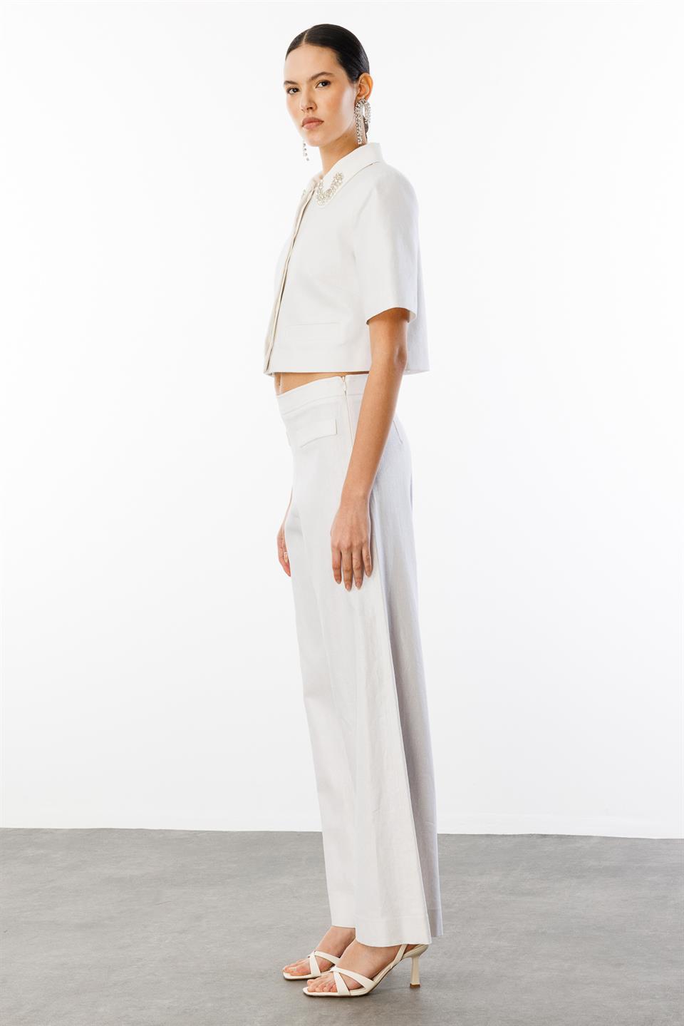 Yaka İşleme Detaylı Ceket Pantolon Keten Takım KREM