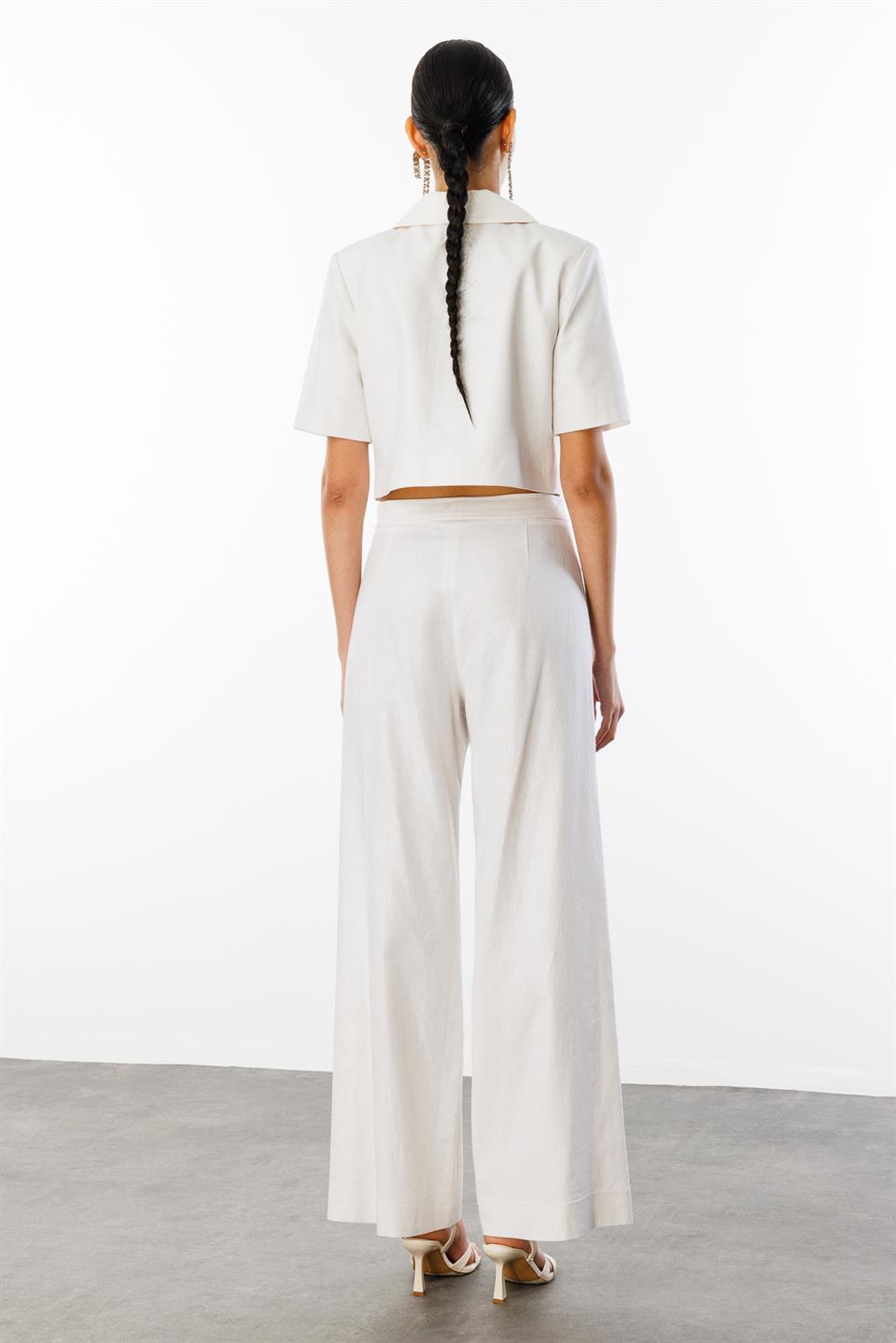 Yaka İşleme Detaylı Ceket Pantolon Keten Takım KREM