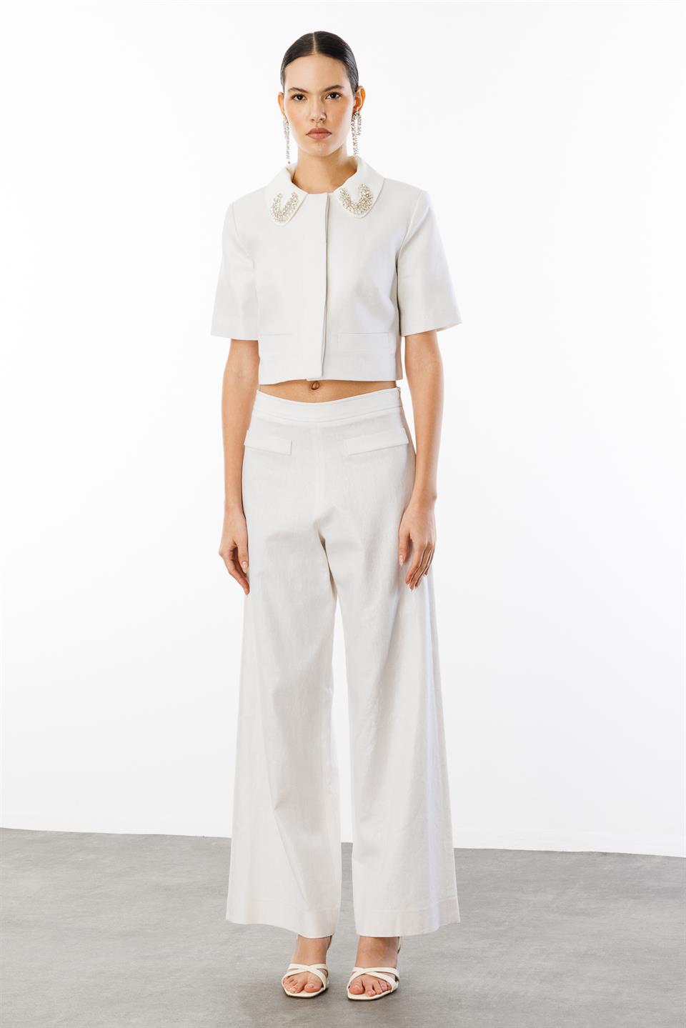 Yaka İşleme Detaylı Ceket Pantolon Keten Takım KREM