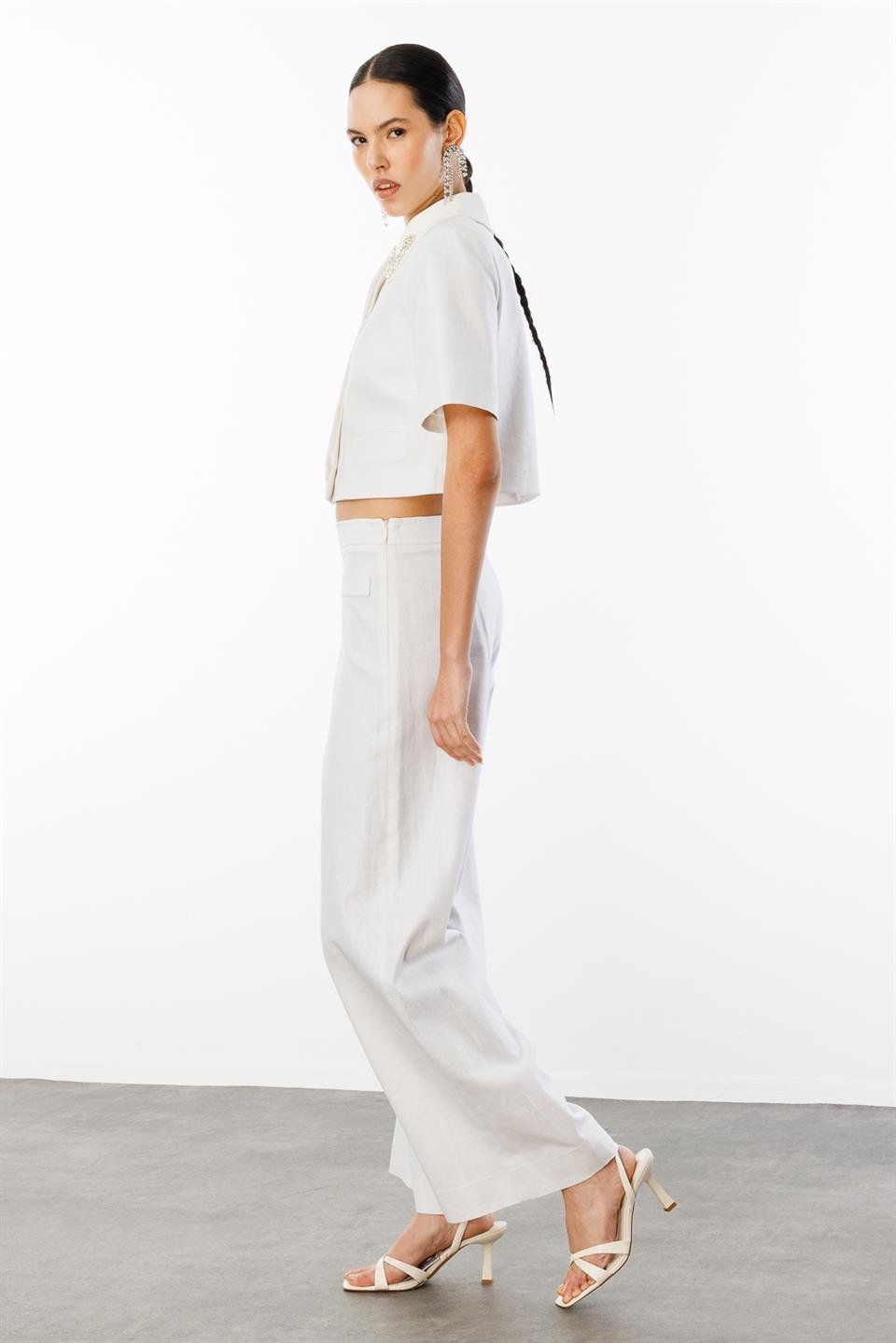 Yaka İşleme Detaylı Ceket Pantolon Keten Takım KREM