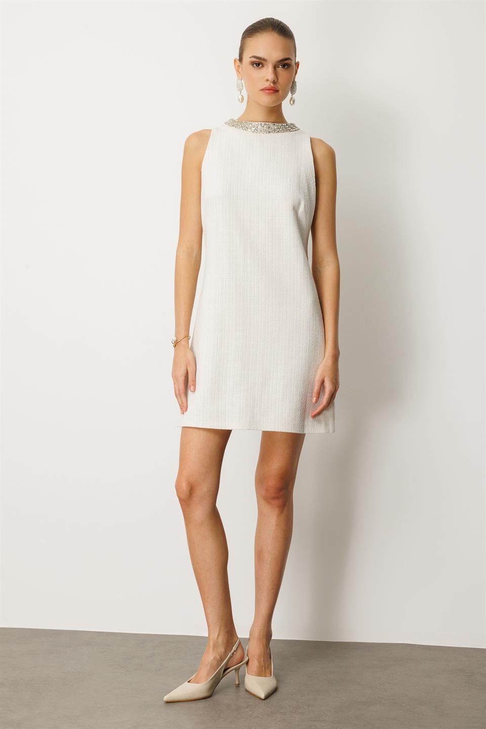 Yaka İşleme Detaylı Elbise EKRU