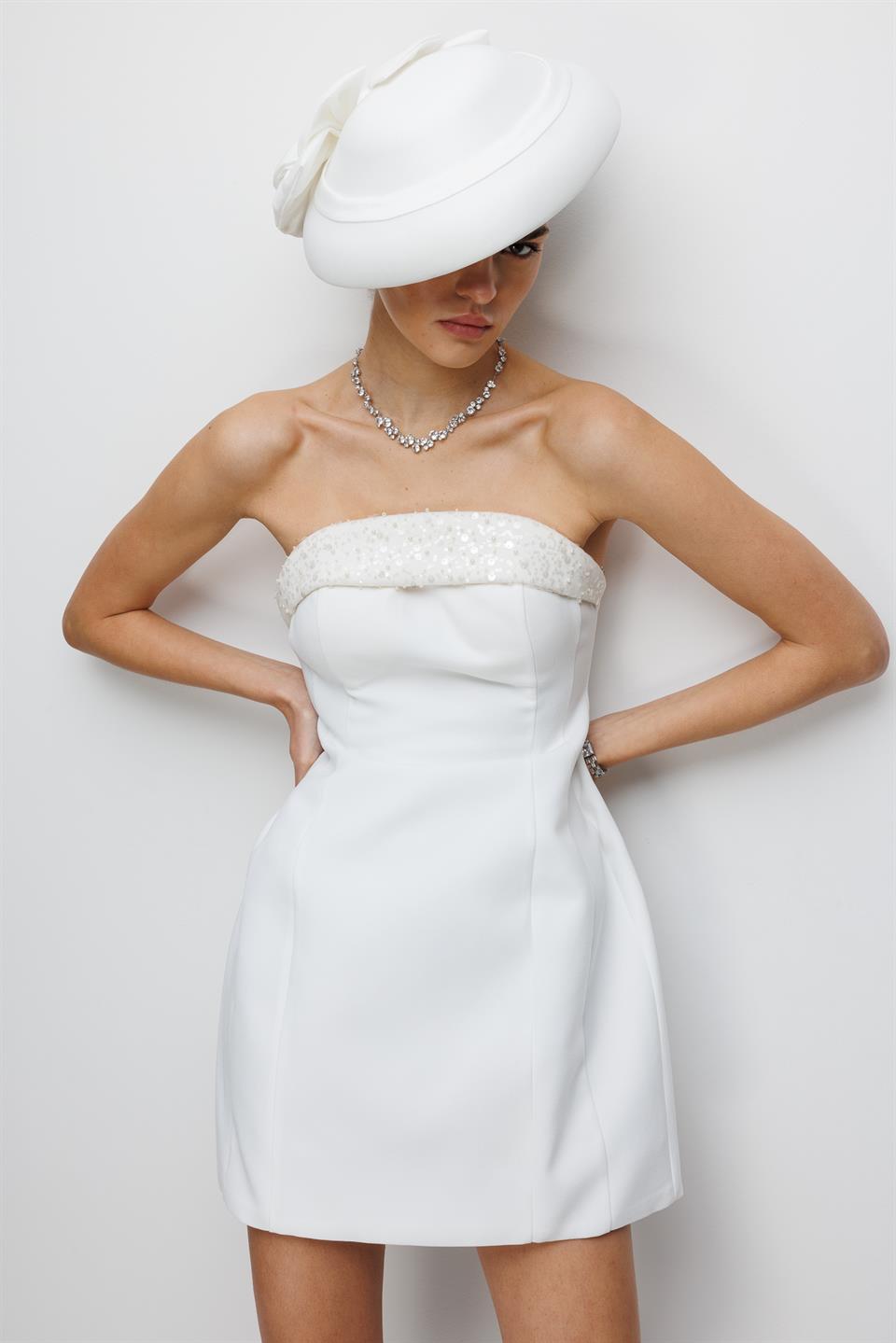 Yaka İşleme Detaylı Mini Elbise EKRU