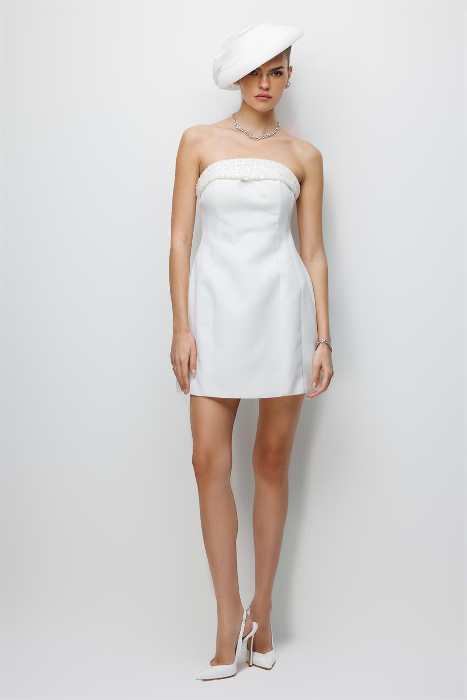 Yaka İşleme Detaylı Mini Elbise EKRU