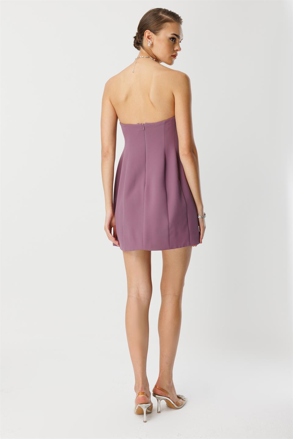 Yaka İşleme Detaylı Mini Elbise MOR
