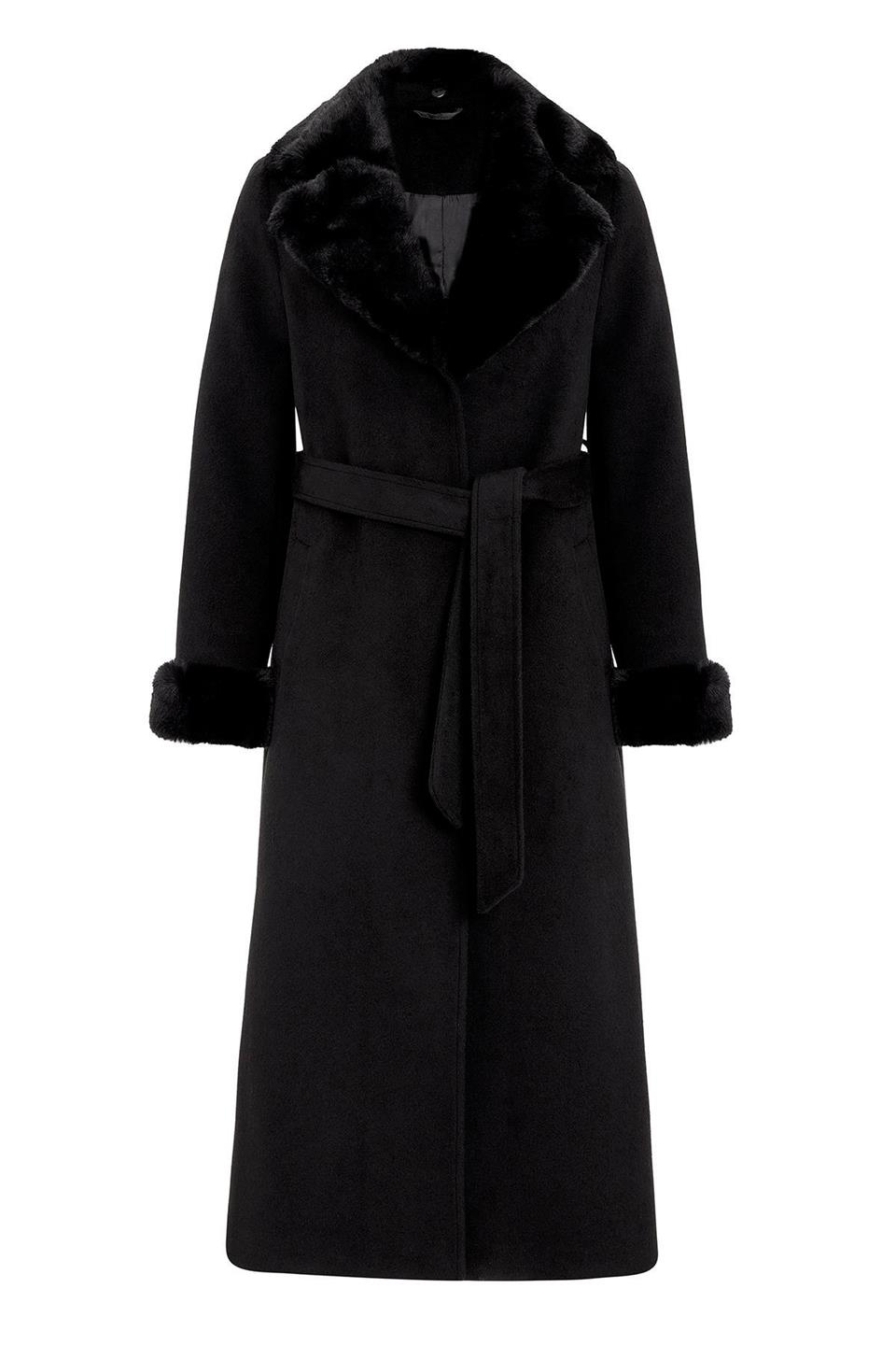 Yaka Kol Ucu Kürk Detaylı Kaşe Kaban SİYAH