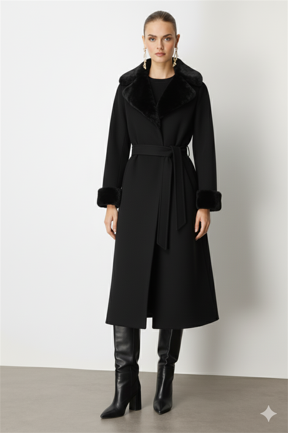 Yaka Kol Ucu Kürk Detaylı Kaşe Kaban SİYAH