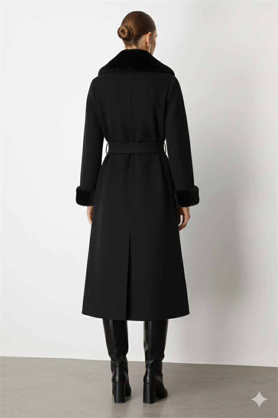 Yaka Kol Ucu Kürk Detaylı Kaşe Kaban SİYAH