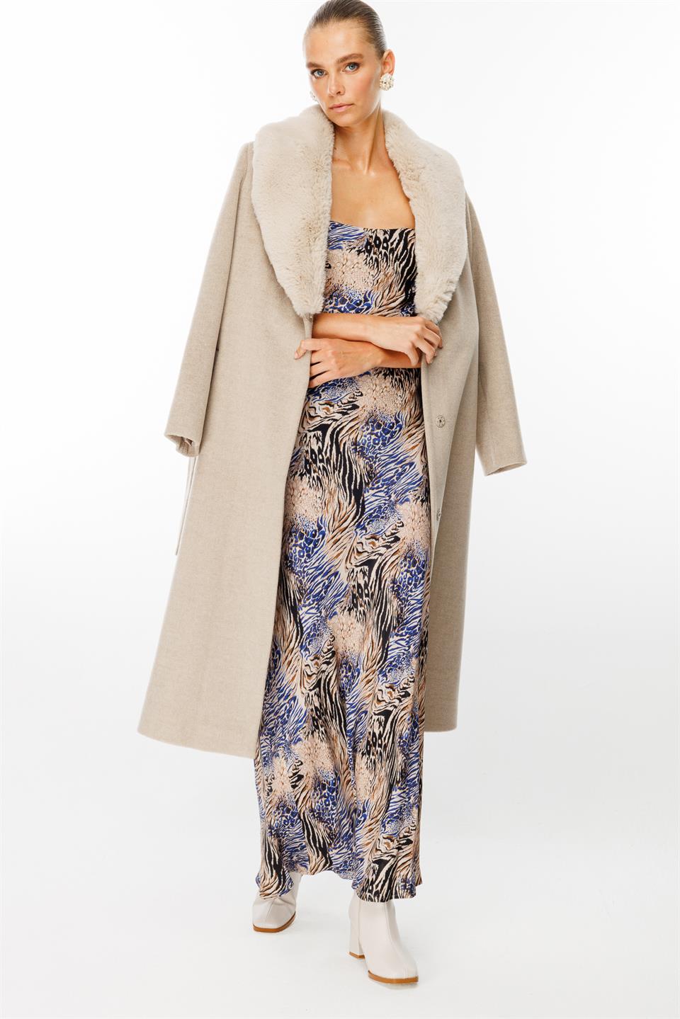 Collar Fur Detailed Waist Belted Stash Coat STONE