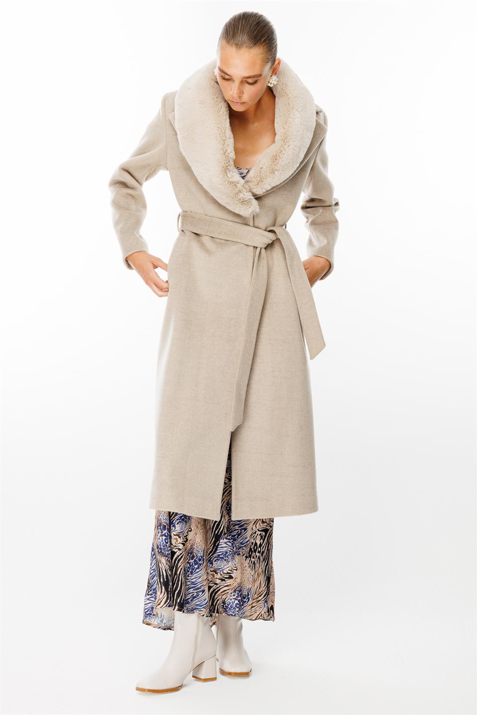 Collar Fur Detailed Waist Belted Stash Coat STONE