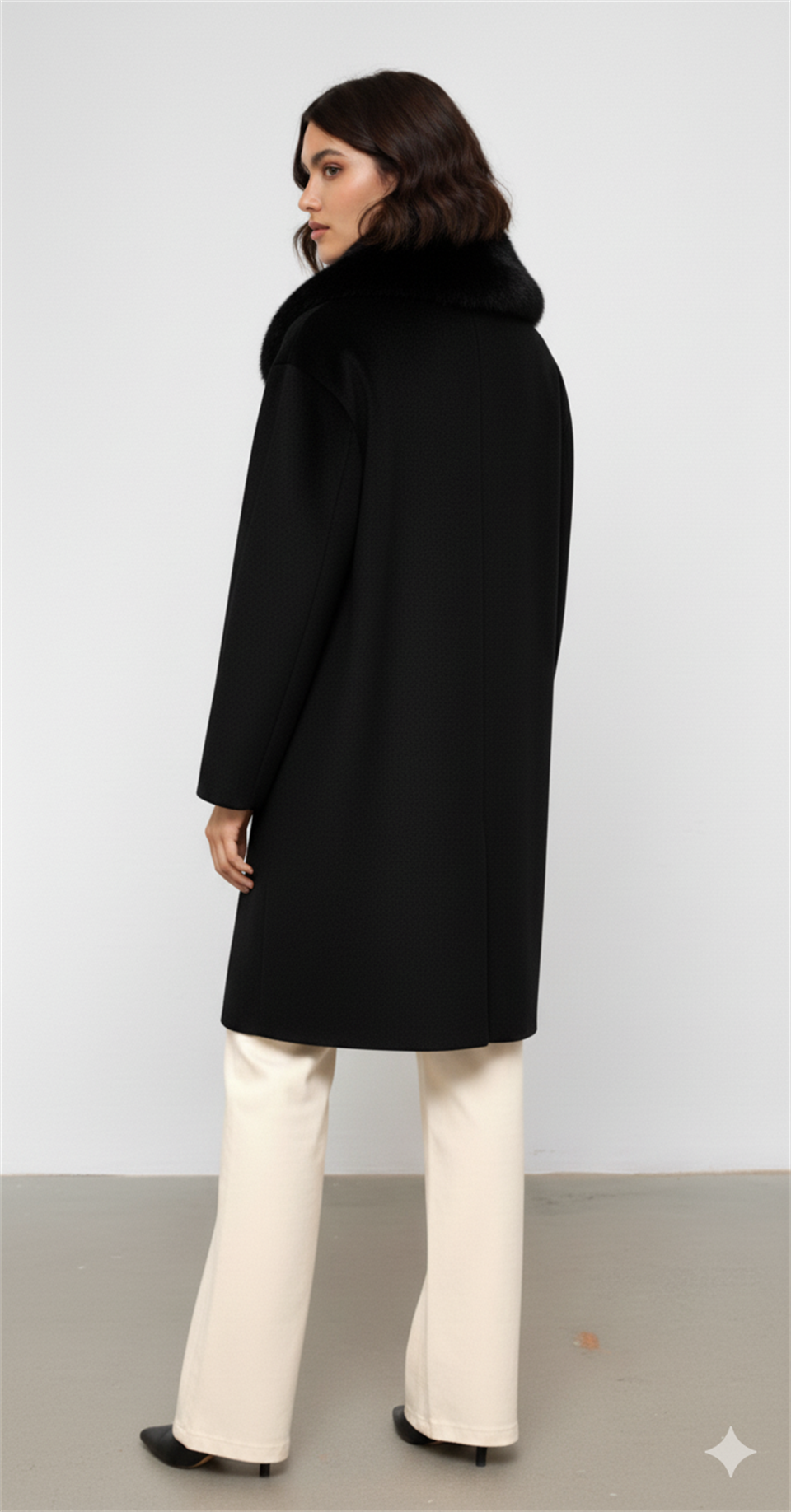 Fur Collar Detailed Midi Length Cashmere Coat BLACK