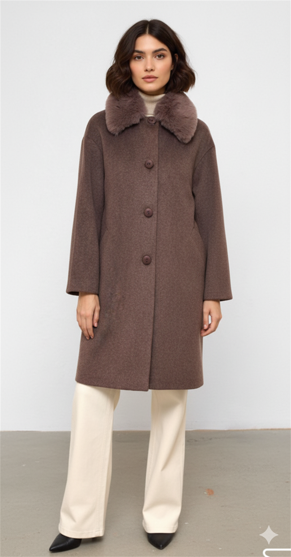 Fur Collar Detailed Midi Length Cashmere Coat LATTE