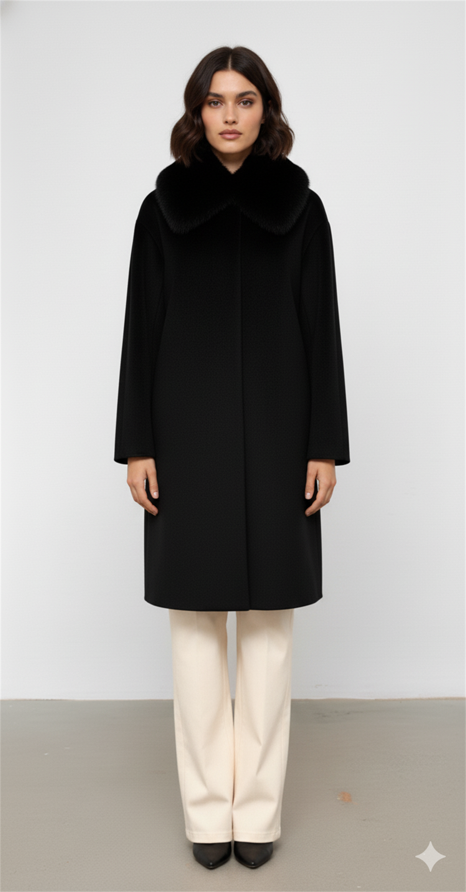 Fur Collar Detailed Midi Length Cashmere Coat BLACK