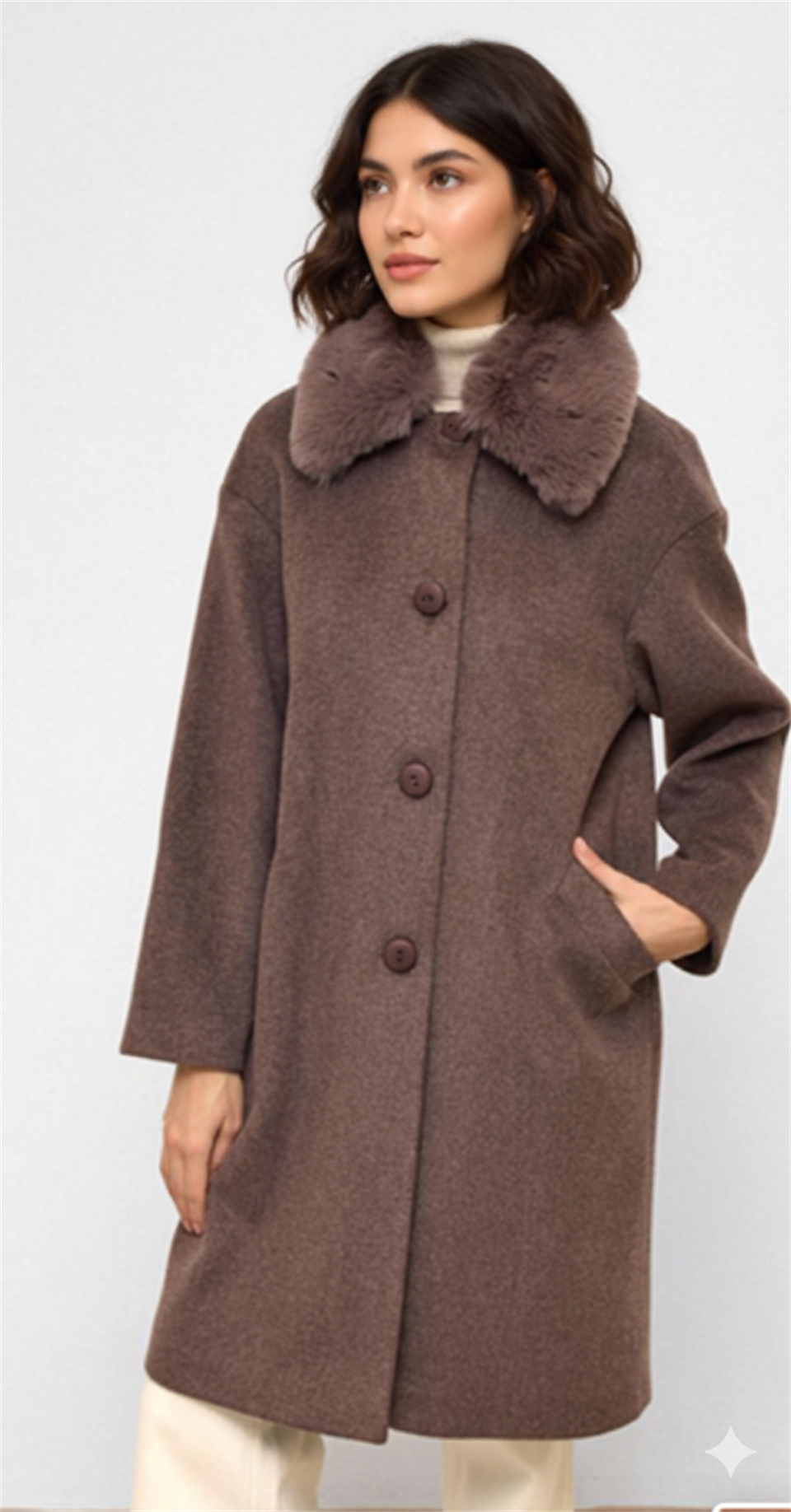 Fur Collar Detailed Midi Length Cashmere Coat LATTE