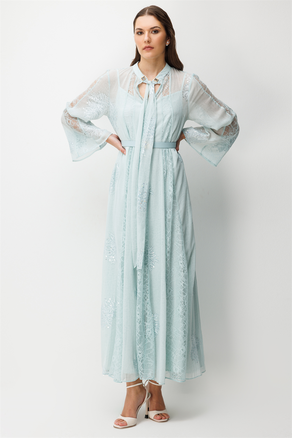 Yaka Şal Bağlama Detay Dantel Şeritli Maxi Boy Elbise MAVİ