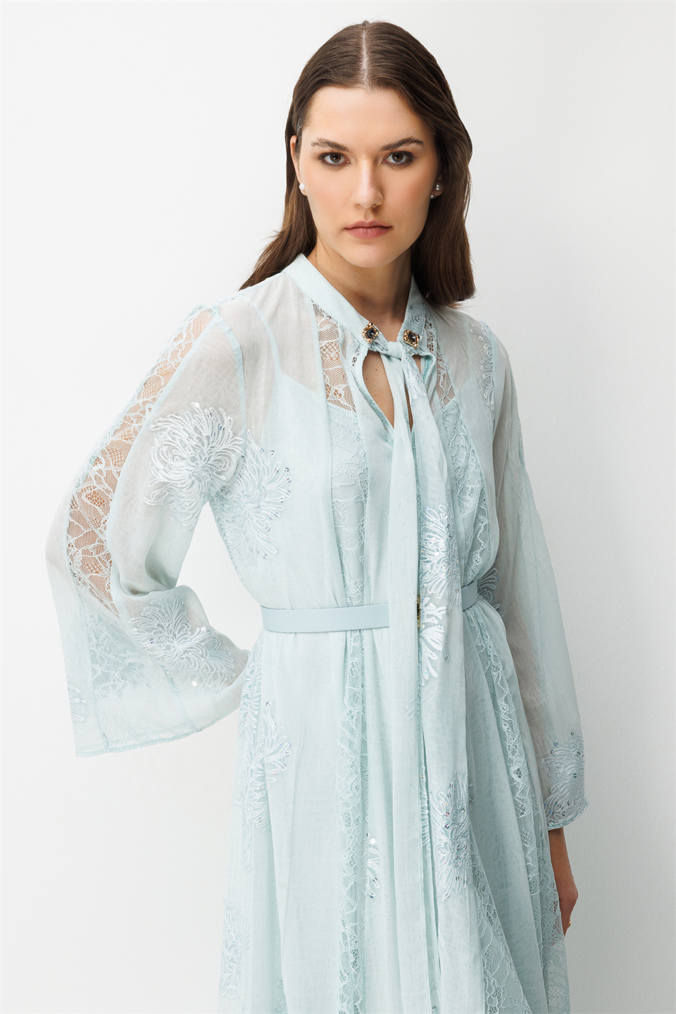 Yaka Şal Bağlama Detay Dantel Şeritli Maxi Boy Elbise MAVİ