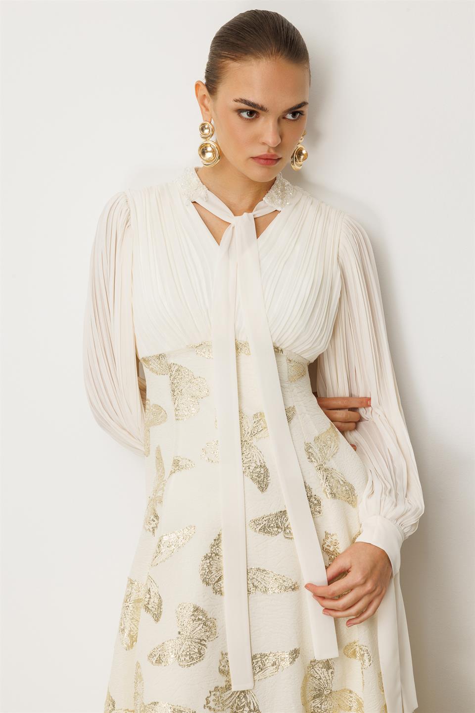 Yaka Şal Bağlama Pilise Detaylı Jakar Abiye EKRU