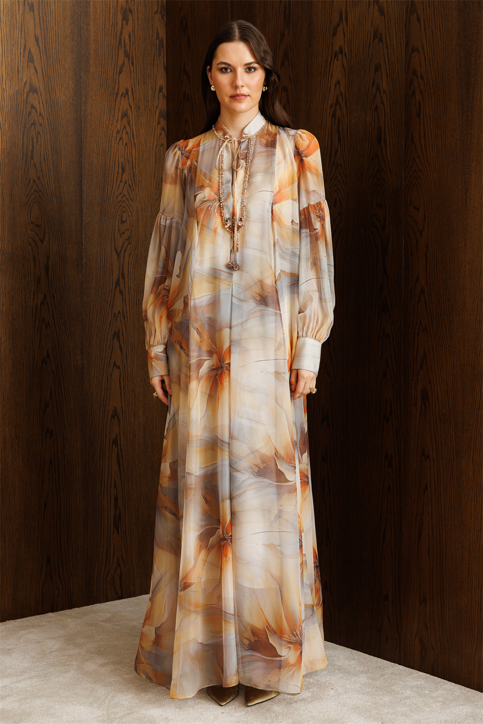 Yaka Taş İşlemeli Dijital Elbise CAMEL