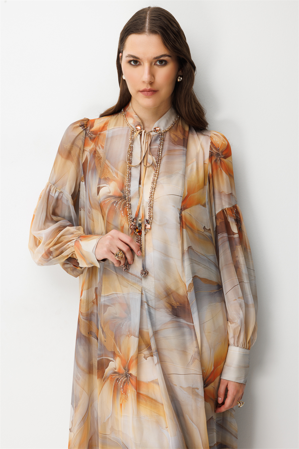 Yaka Taş İşlemeli Dijital Elbise CAMEL