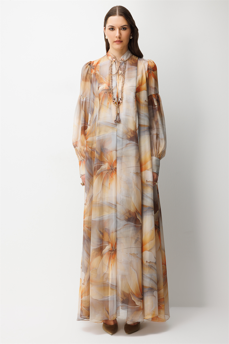 Yaka Taş İşlemeli Dijital Elbise CAMEL