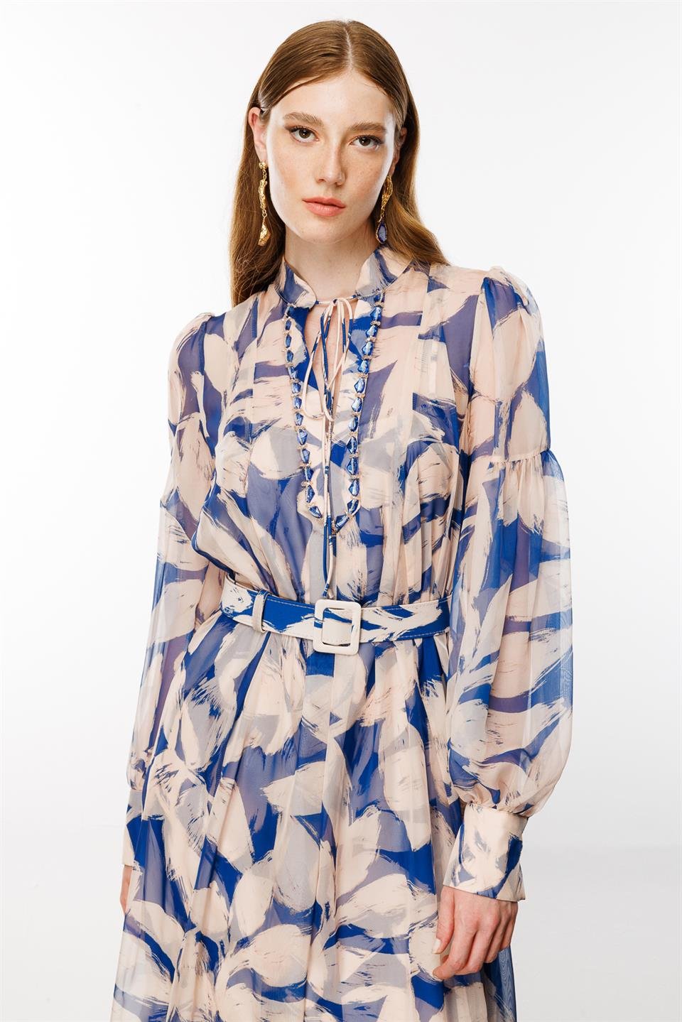 Yaka Taş İşlemeli Dijital Elbise SAKS