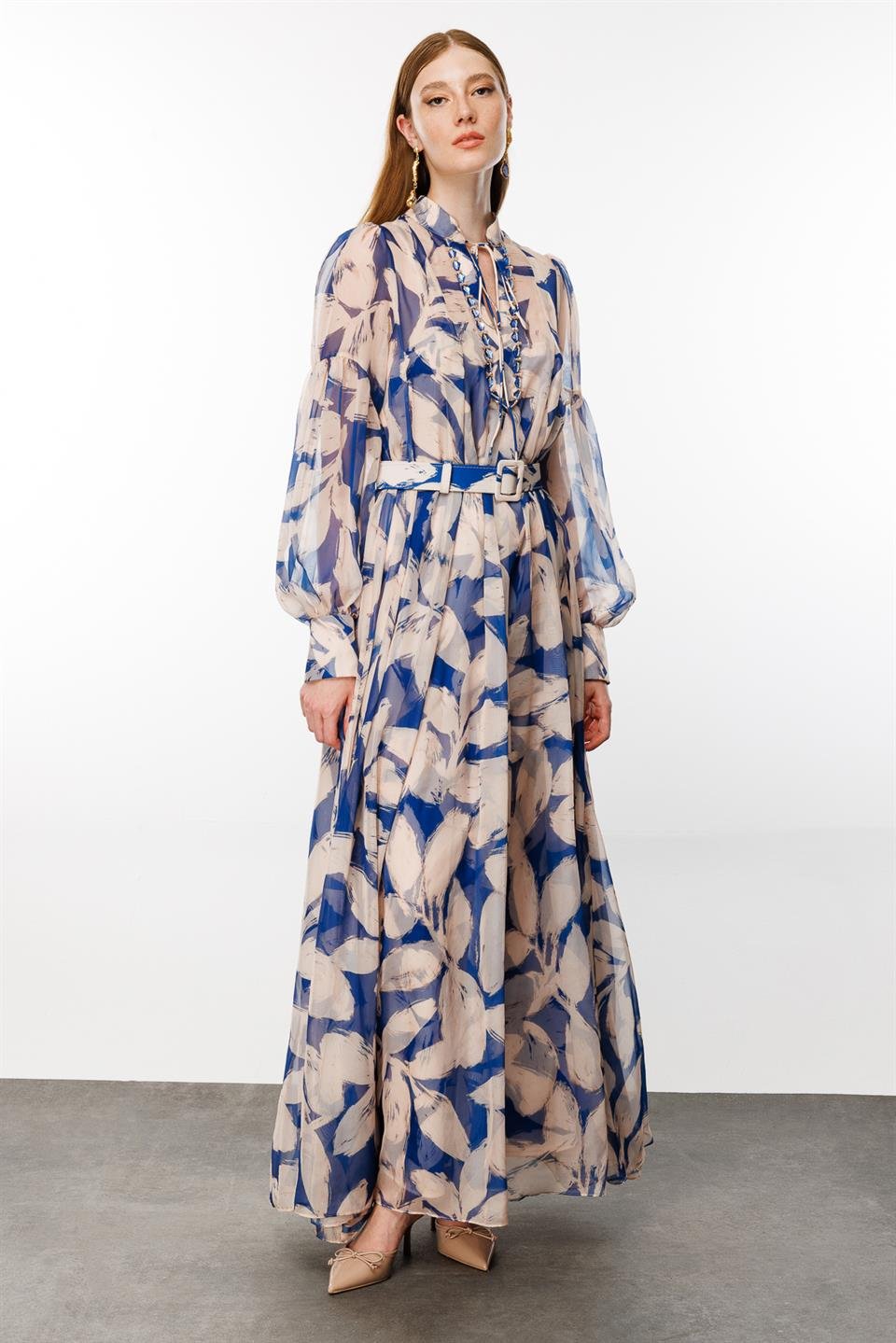 Yaka Taş İşlemeli Dijital Elbise SAKS