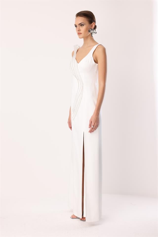 Yaka Volan Detay Yırtmaçlı Maxi Abiye EKRU