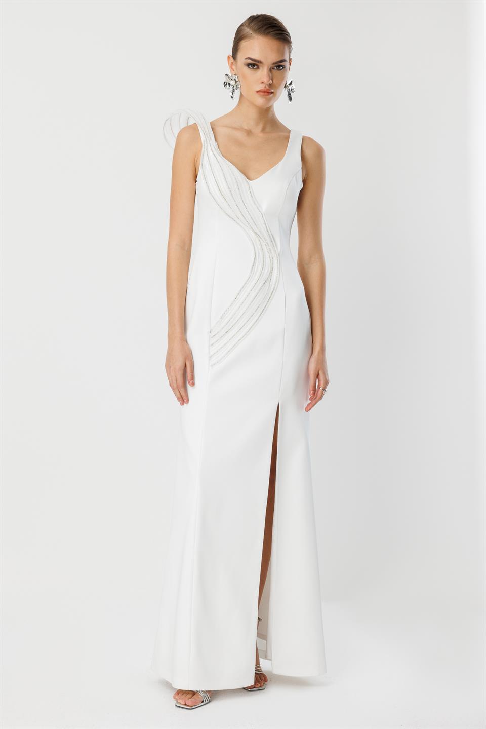 Yaka Volan Detay Yırtmaçlı Maxi Abiye EKRU