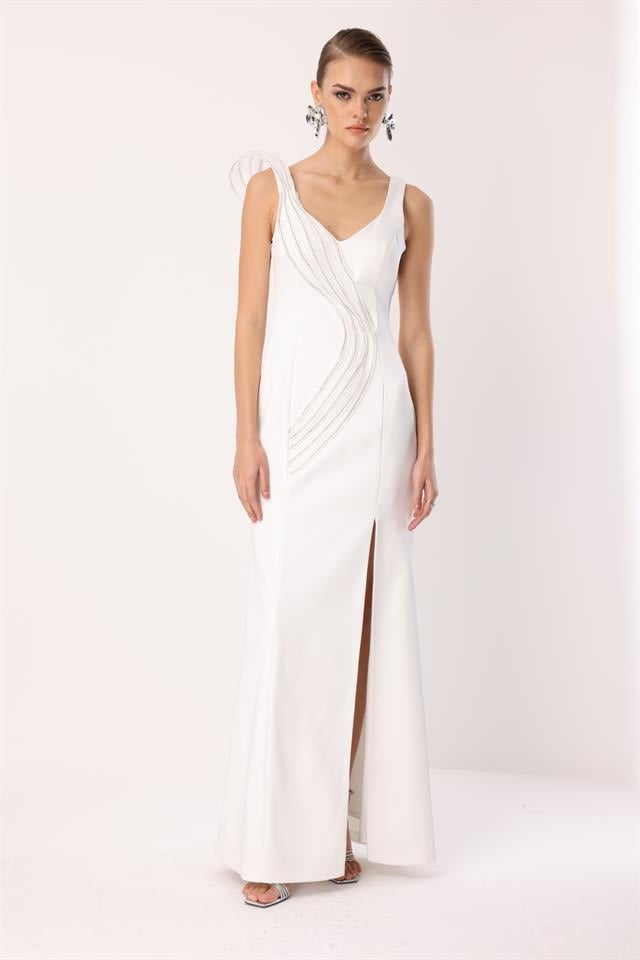 Yaka Volan Detay Yırtmaçlı Maxi Abiye EKRU