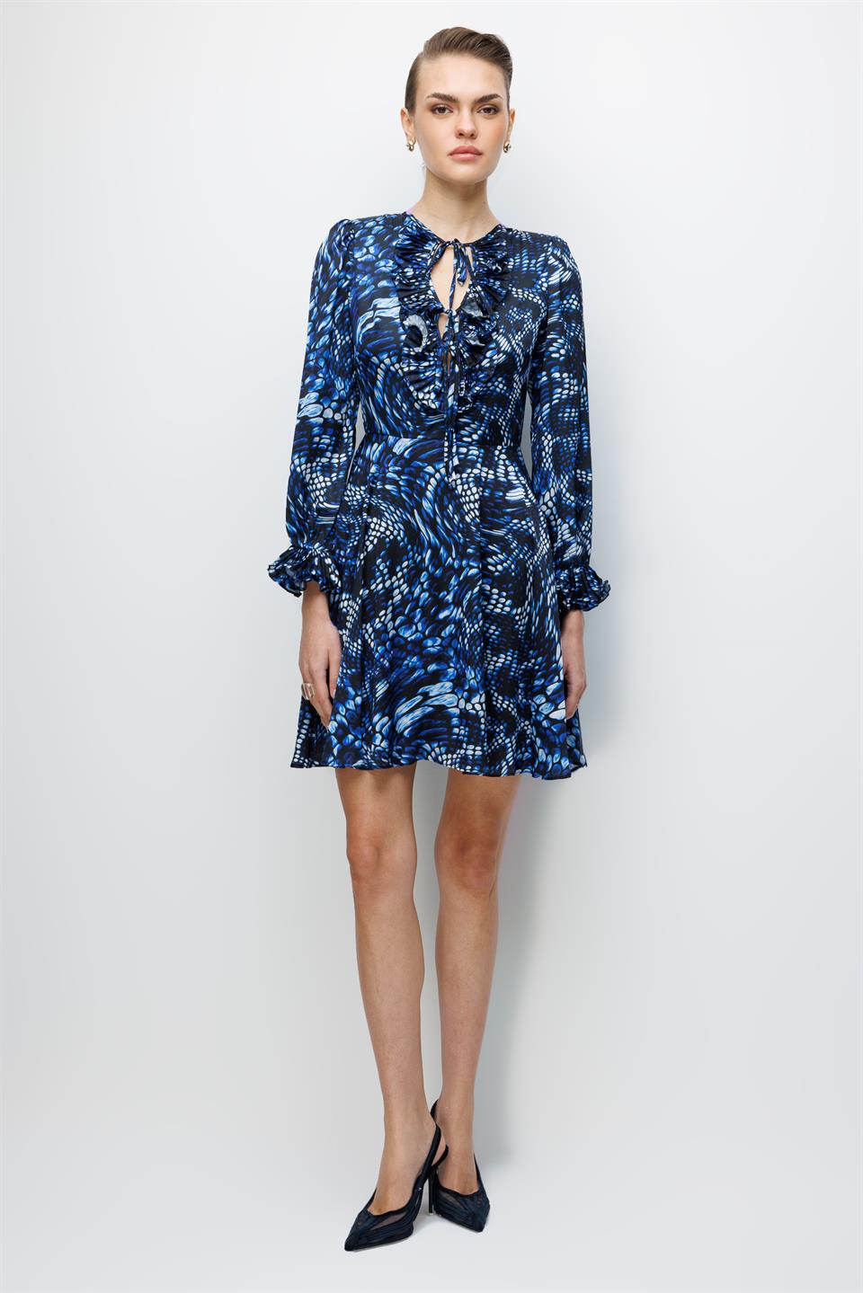 Yaka Volan  Detaylı Baskılı Şifon Mini Elbise MAVİ