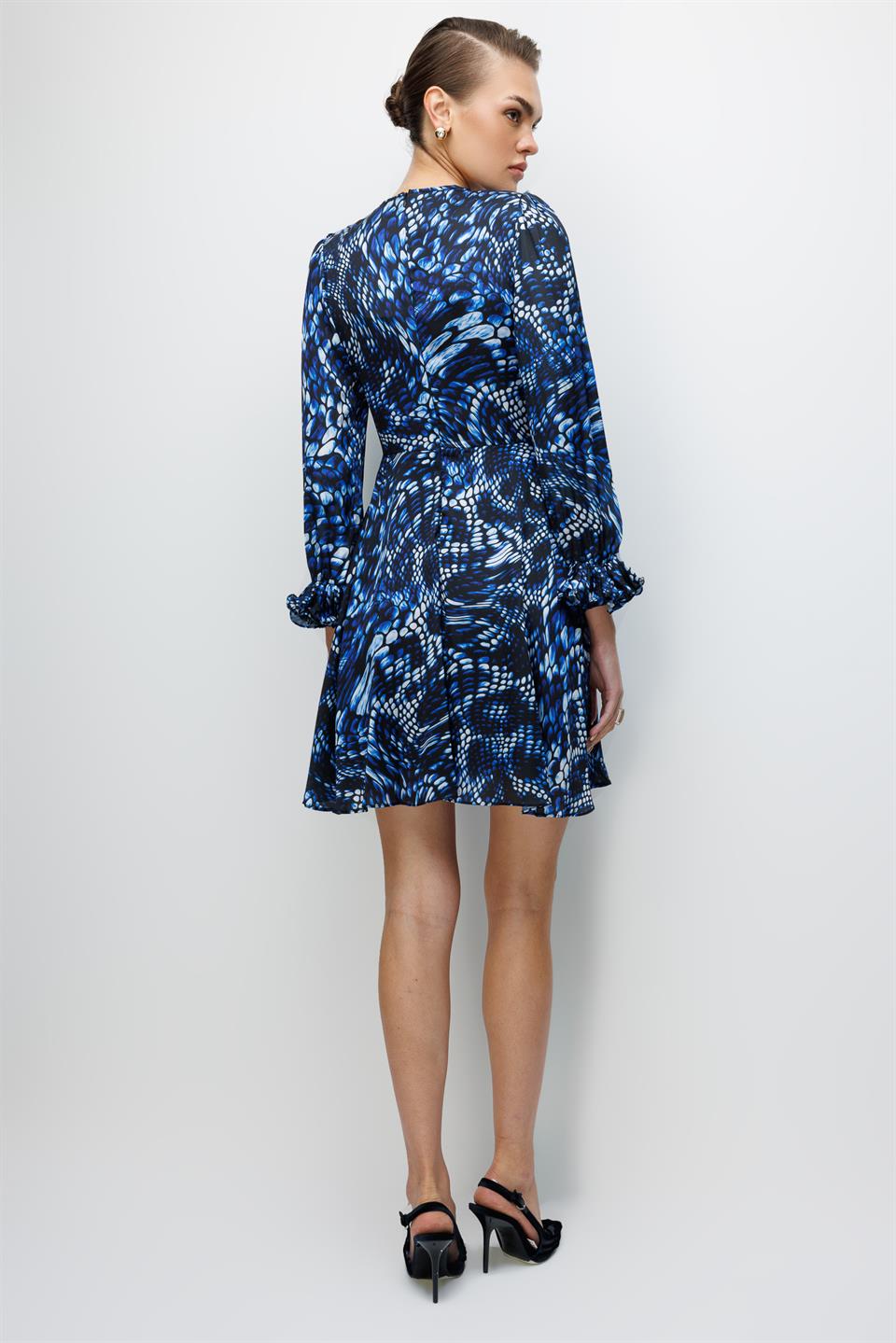 Yaka Volan  Detaylı Baskılı Şifon Mini Elbise MAVİ