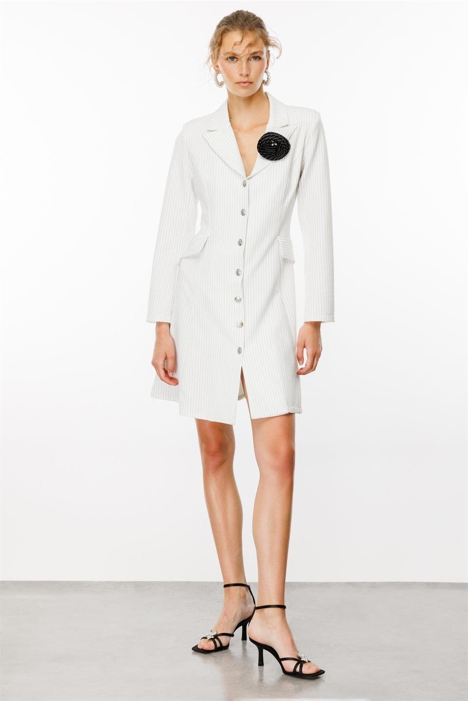 Striped Short Dress with Brooch on Collar 