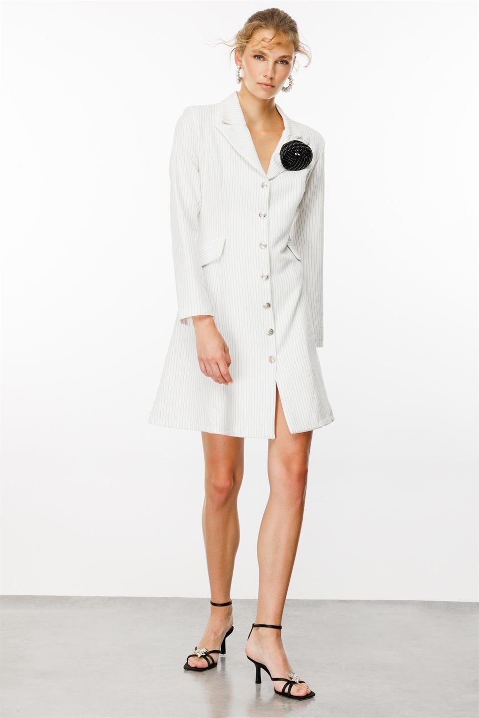 Striped Short Dress with Brooch on Collar 