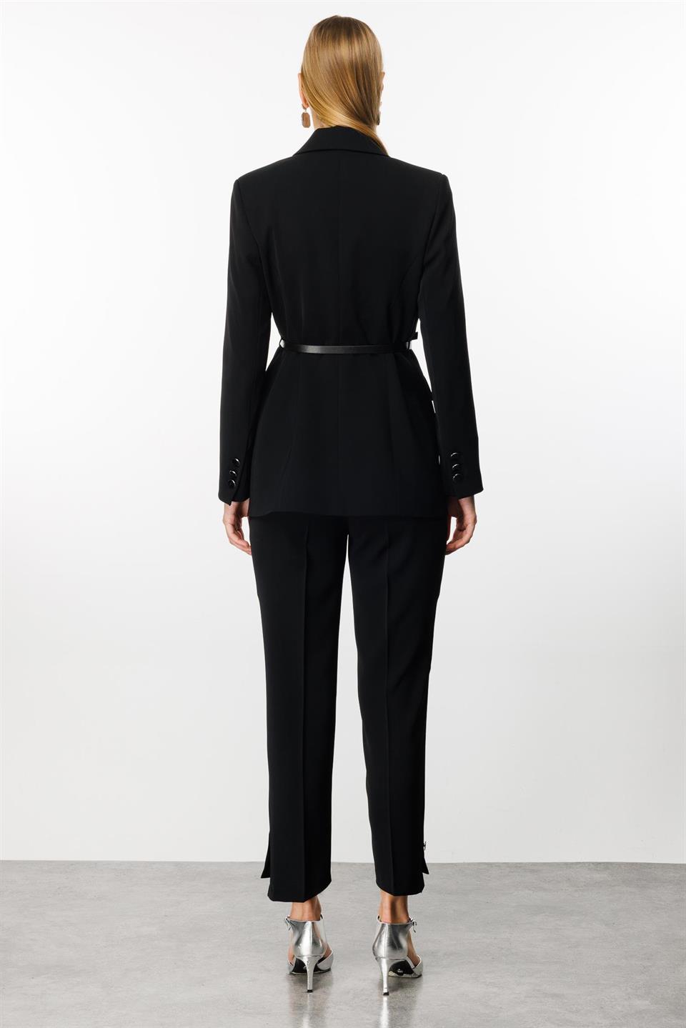 Yakası Çift Kat Belden Kemerli Ceket SİYAH