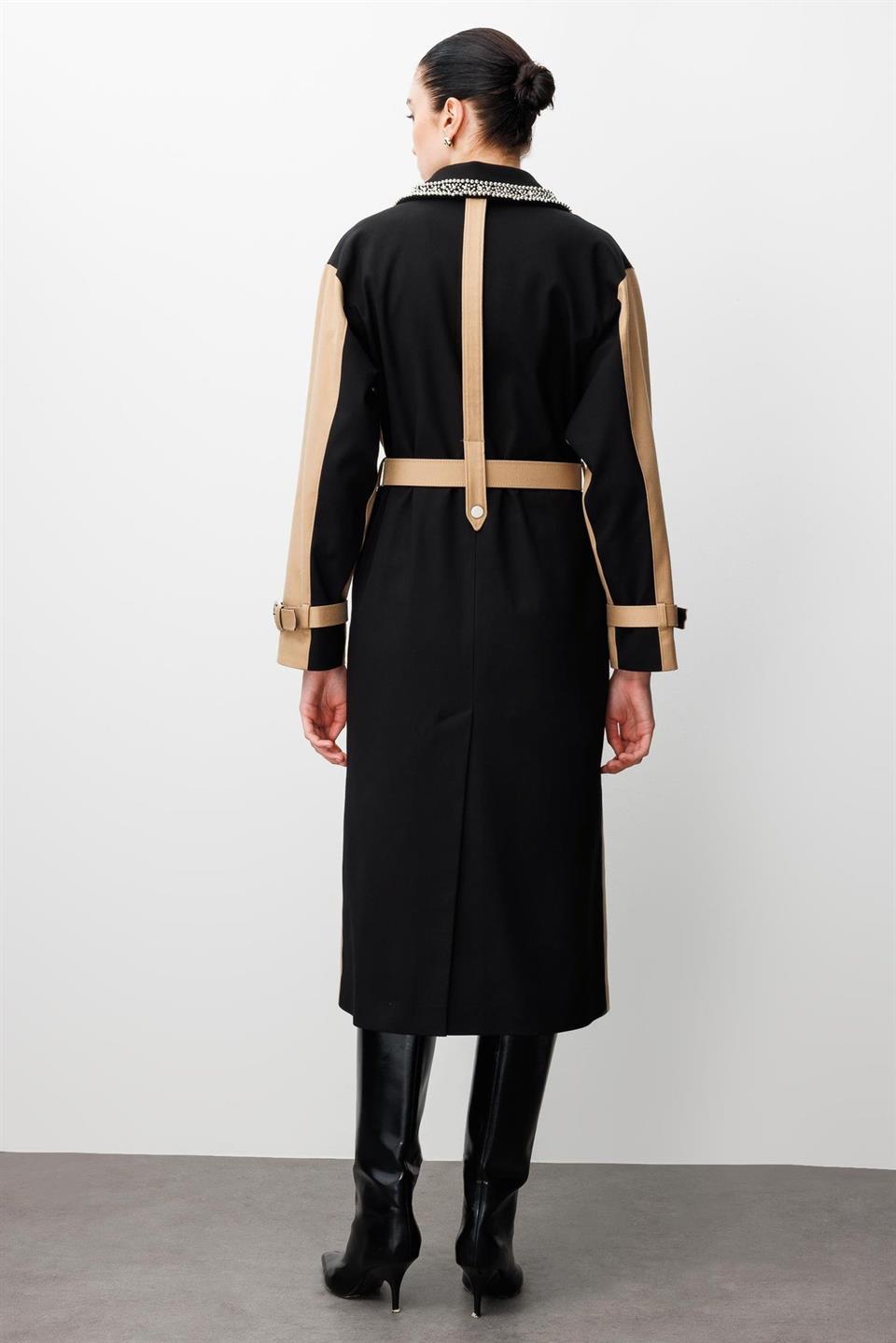 Double-breasted Belt Detailed Trench Coat with Pearl and Stone Embroidered Collar, CAMEL-COFFEE